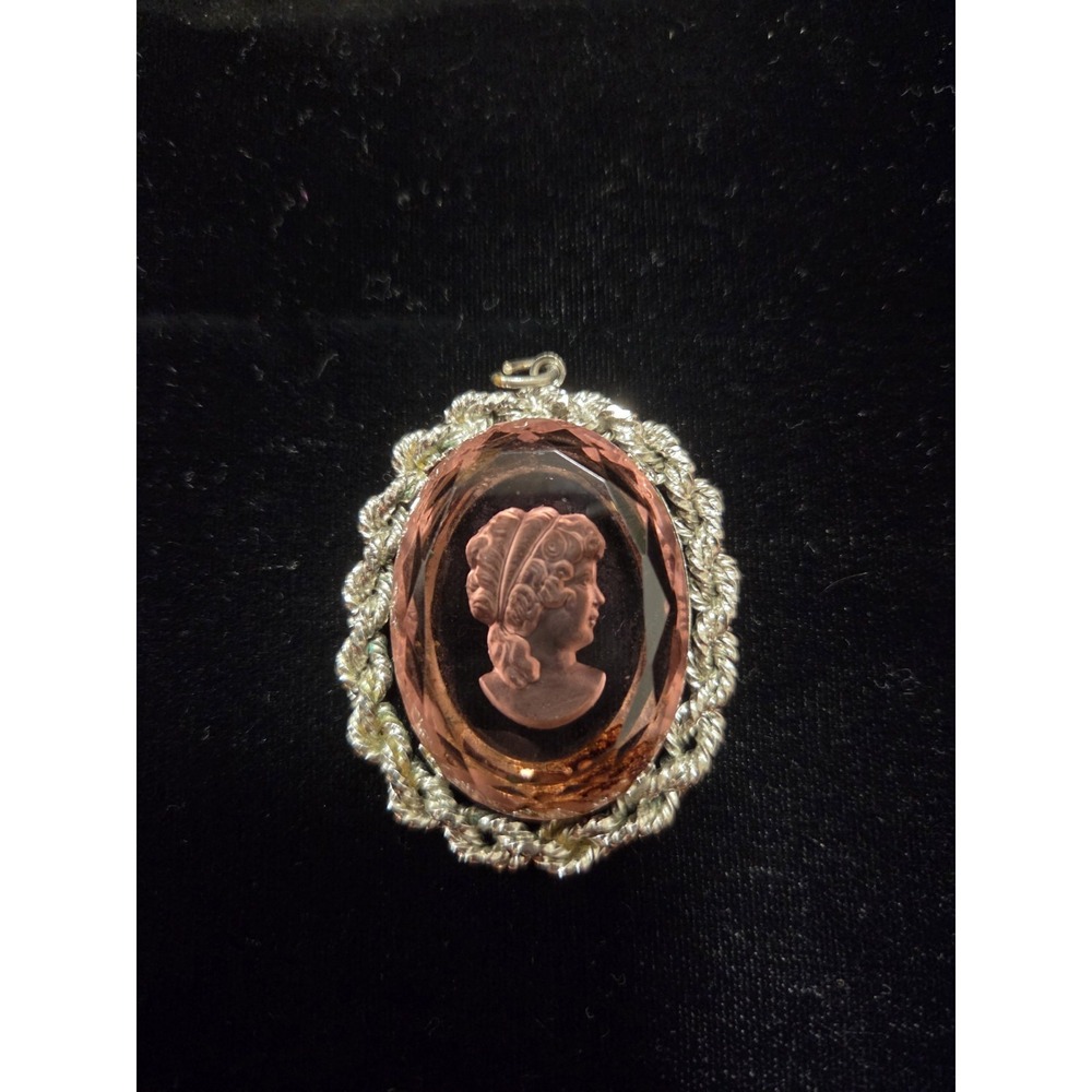 Cameo Portrait Pendant Purple Faceted Glass Silver Tone Ornate Large Vintage